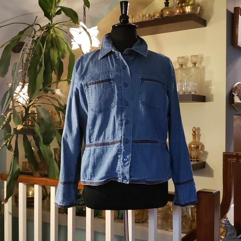 Ruby Rd. Denim Blue Button Front Shacket W/ Velveteen Trim